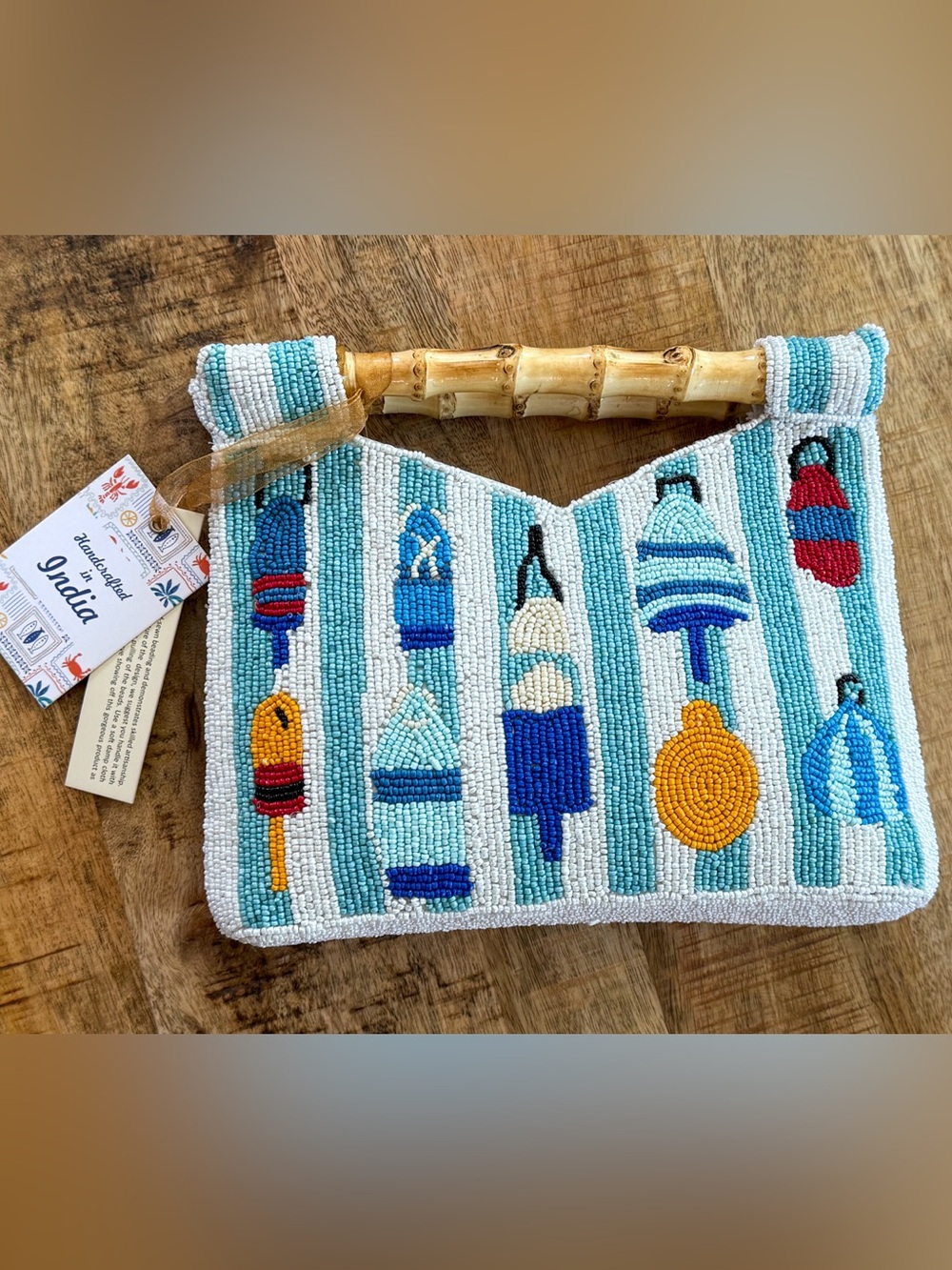 Handmade Beaded Bamboo Handle Clutch Nautical Buoy Coastal Beach Purse NWT blue